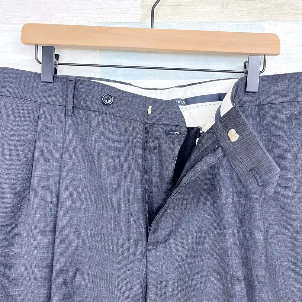 Nautica Wool Windowpane Suit Gray Two Button Mens 42L Jacket 36W Pleated Pants